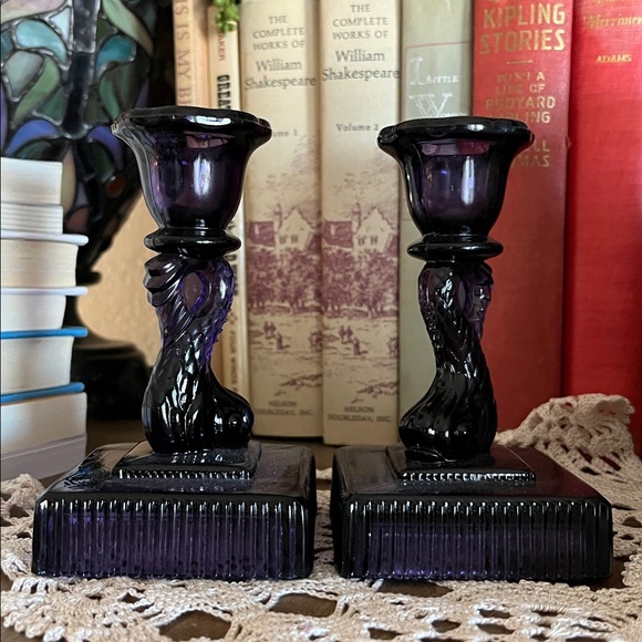 Vintage Amethyst Koi Fish candlesticks Deep Violet, Pair, Imperial Glass - Picture 16 of 16